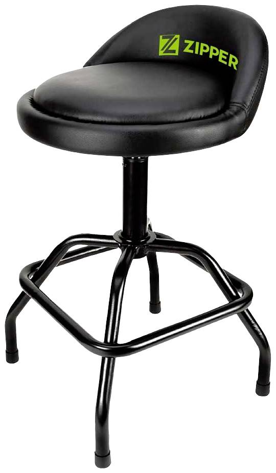 A black, padded bar stool with a backrest and green 'Zipper' logo on top. It has a rotatable metal frame.