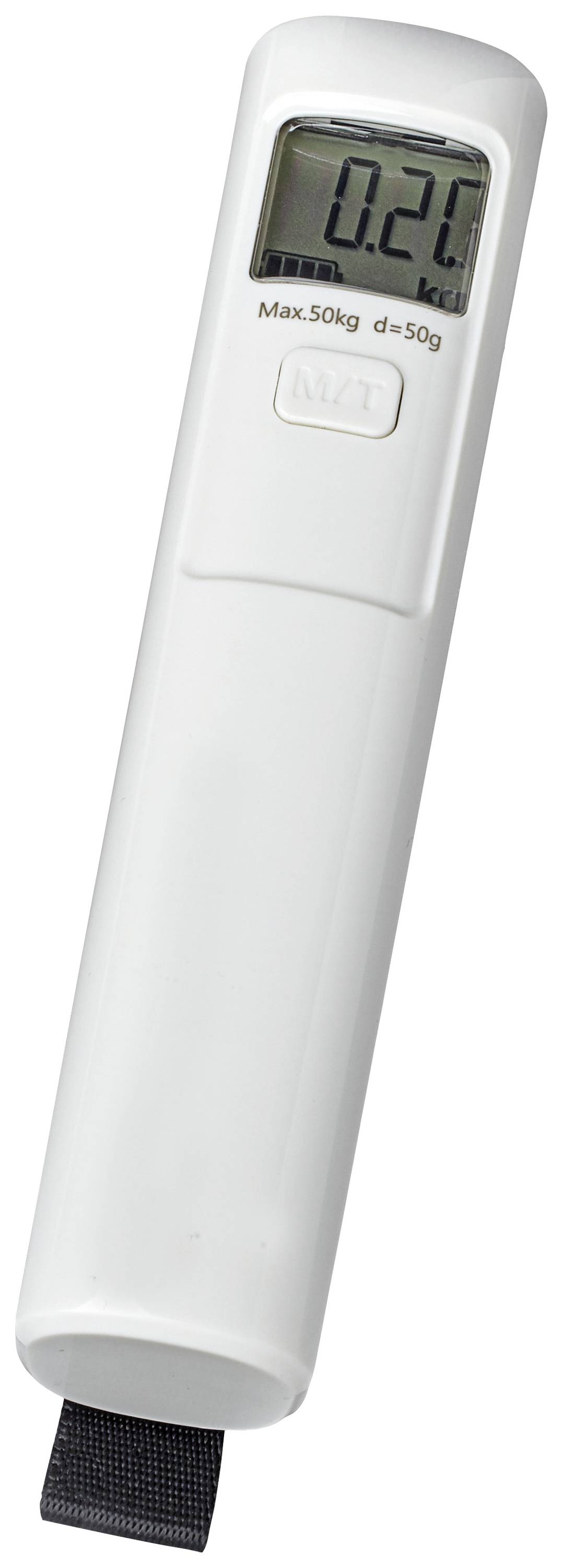 An electronic hand luggage scales with a digital display shows '0.2 kg'. Maximum load capacity: 50 kg, accuracy: 50 g.