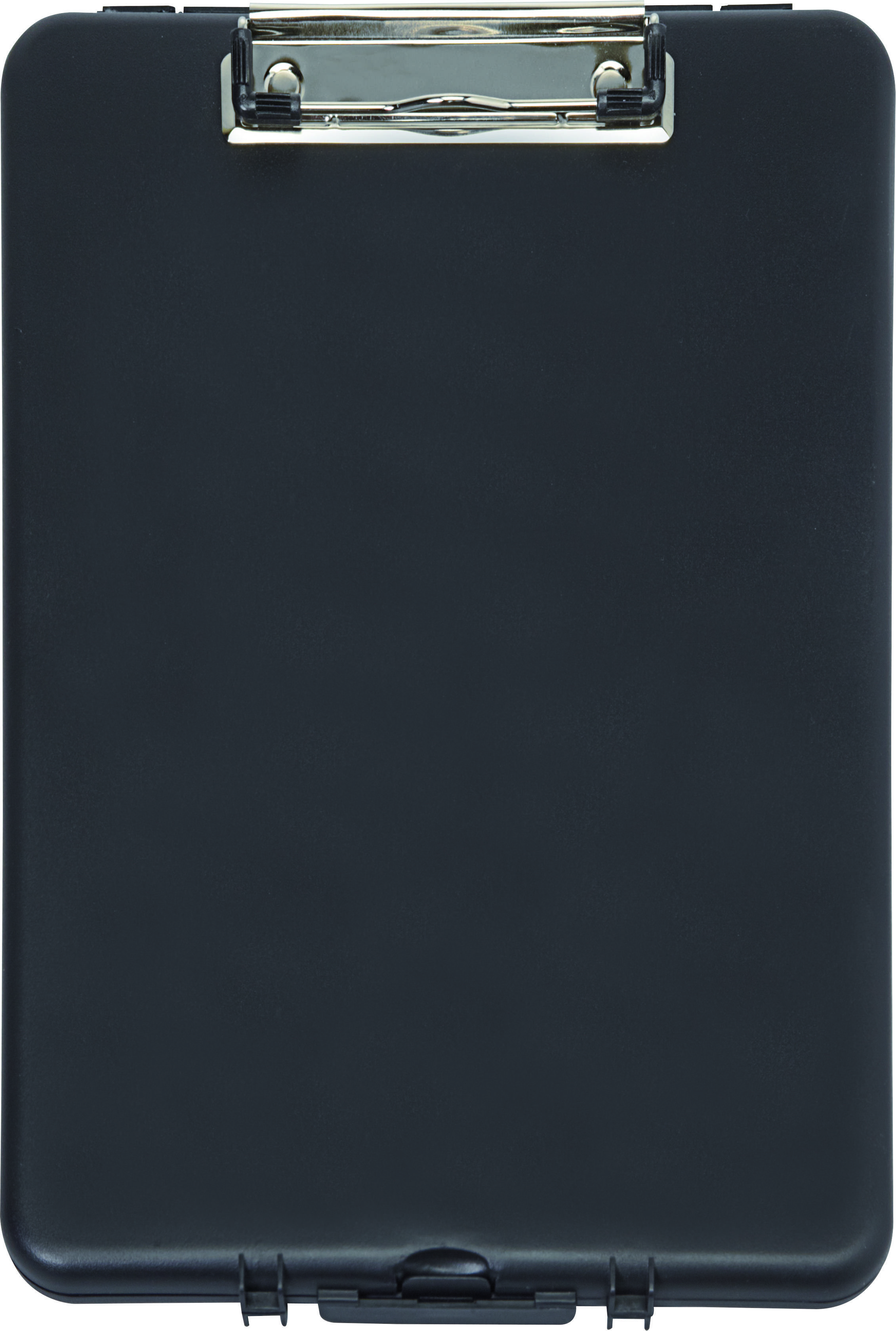 Black clipboard with metal clip at the top, blank.