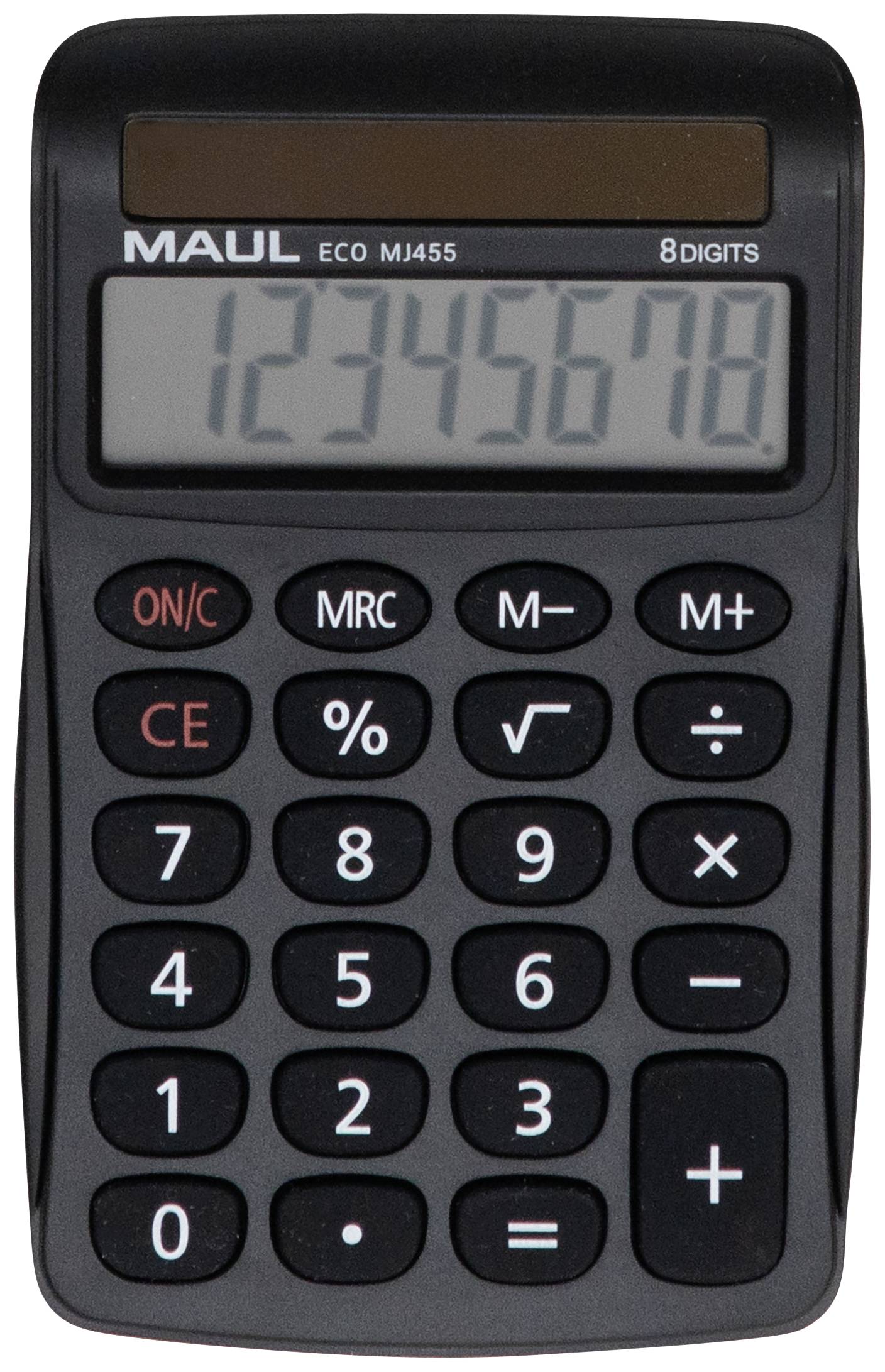 A black calculator displays the numbers '12345678', with standard keys plus percentage and memory functions.