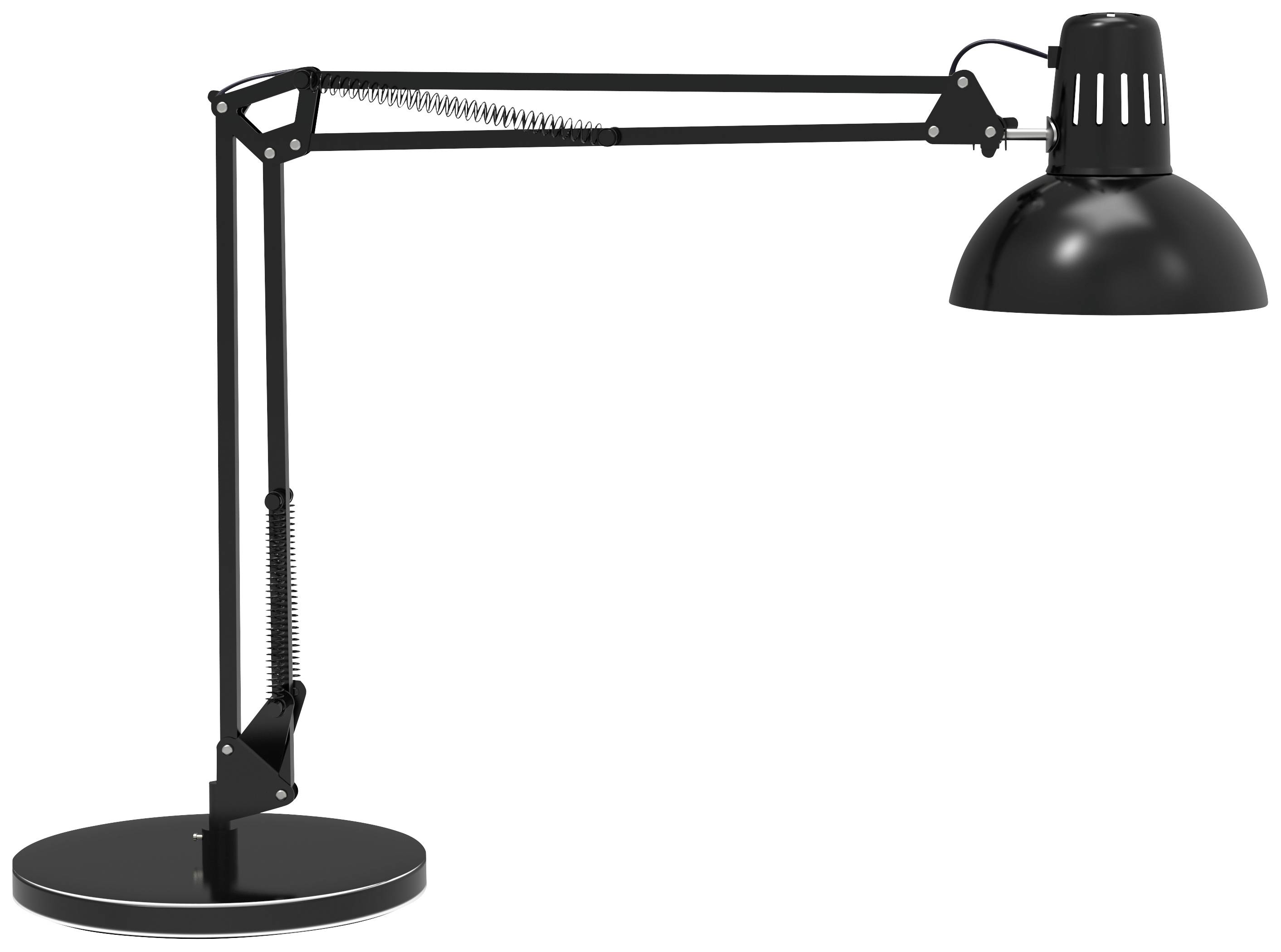 A black desk lamp with a flexible arm and round base, suitable for focused work at the table.