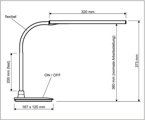 Black and white drawing of a desk lamp with dimensions: 320 mm length, 373 mm height, flexible arm. 'ON/OFF' switch marked.