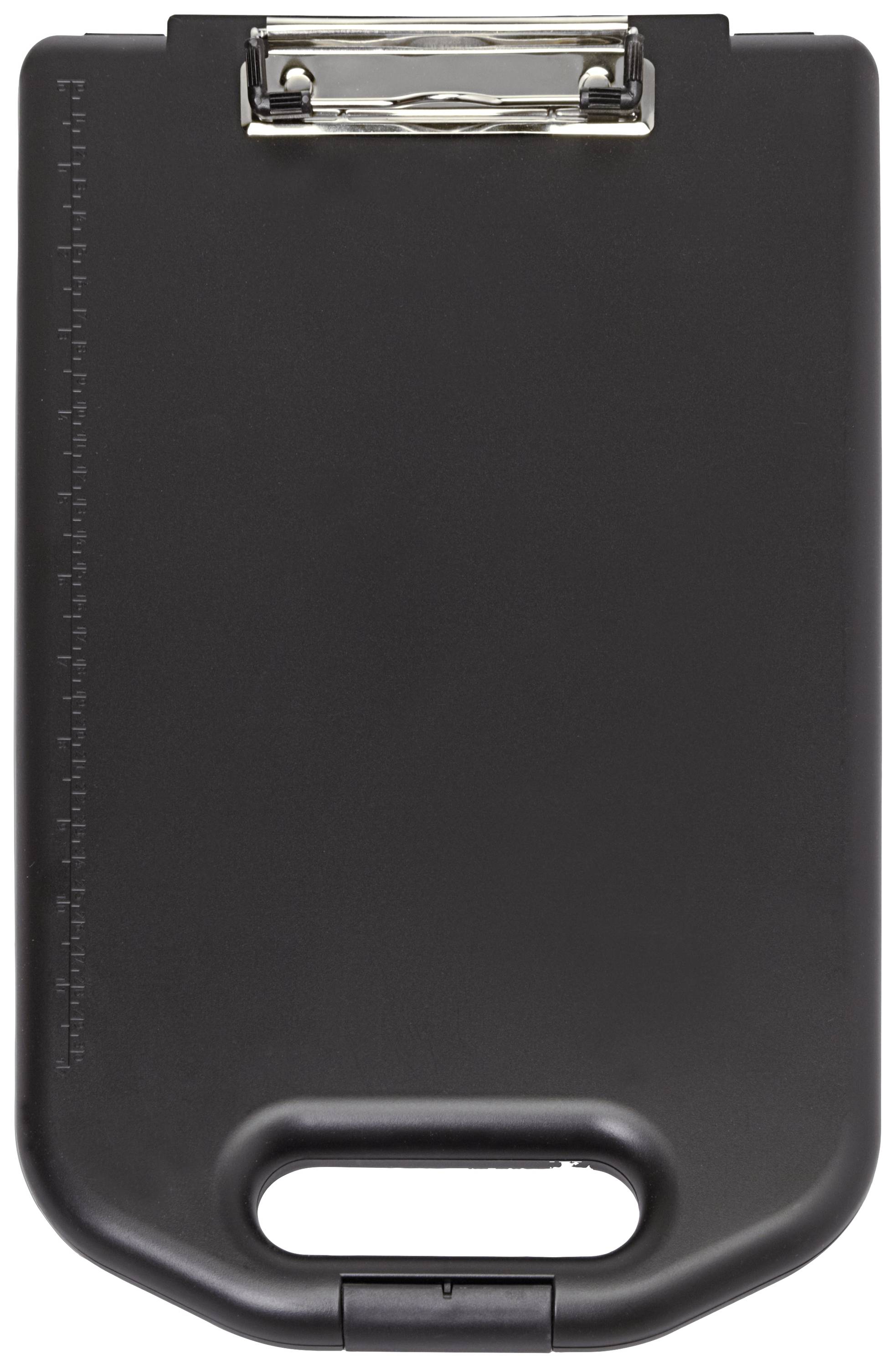 Black clipboard with metal clip and built-in ruler on the left side; handle at the bottom for easy transport.
