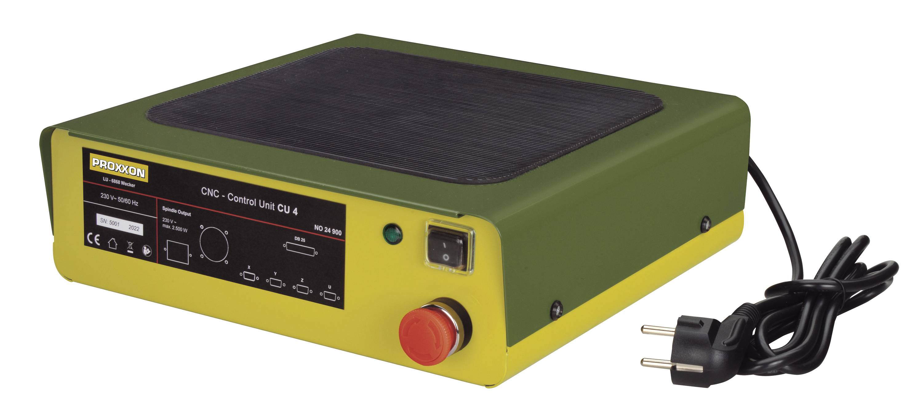 A CNC control unit with a green-yellow housing, control elements on the front, and a socket on the right.