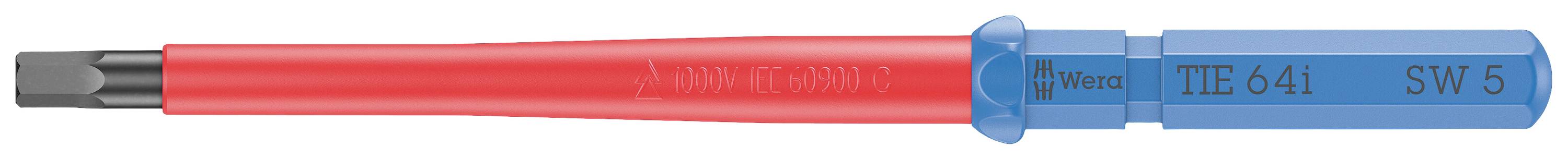 An isolated, red-blue screwdriver with a hexagonal shaft and a label 'TIE 641 SW5', is suitable for electrical work.