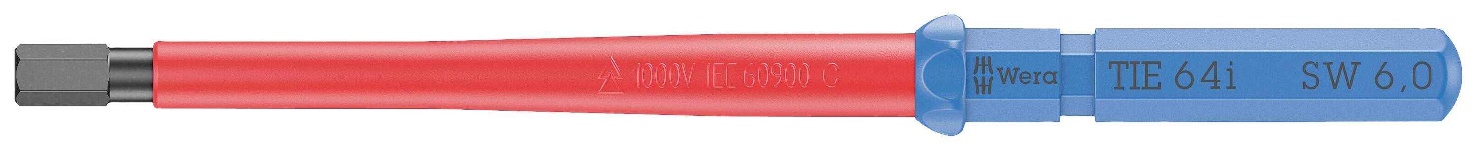 A screwdriver with a red handle and blue hexagonal head, marked with 'TX6.4' and 'SW6.0'. Suitable for Torx screws.