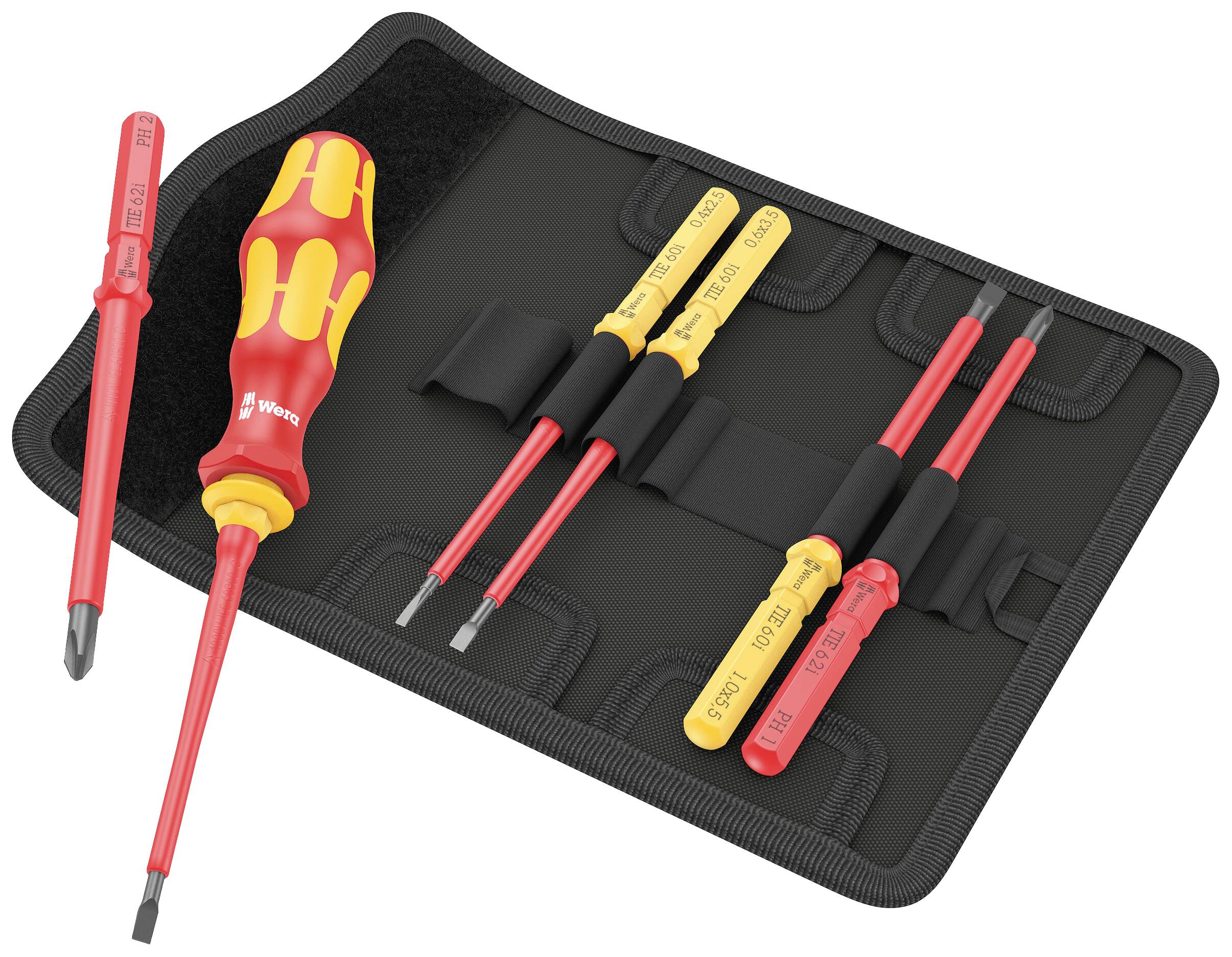 A set of isolated screwdrivers and bits with red and yellow handles on a black tool bag.