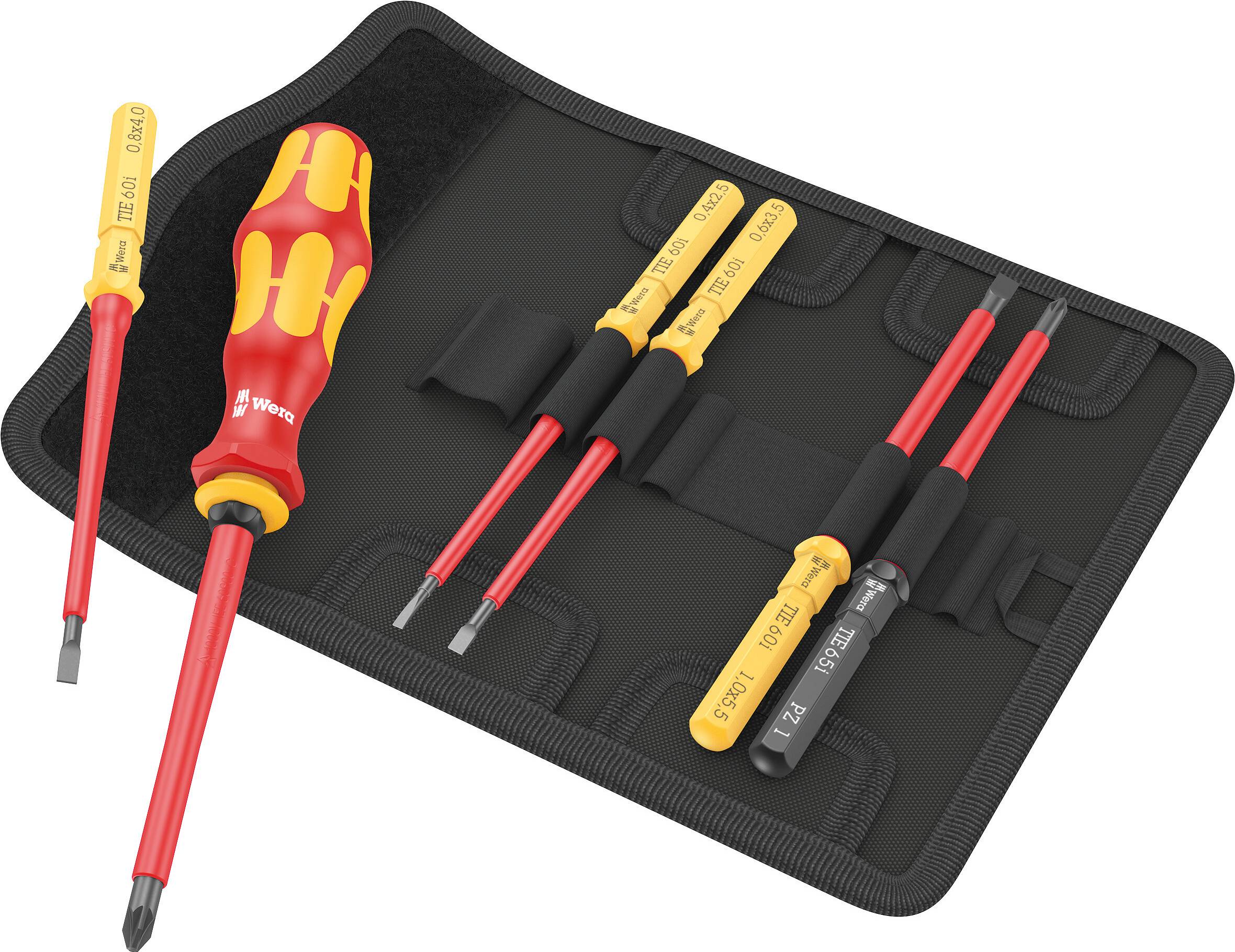 A set of seven isolated screwdrivers in an open black tool bag, suitable for electrical installation work.