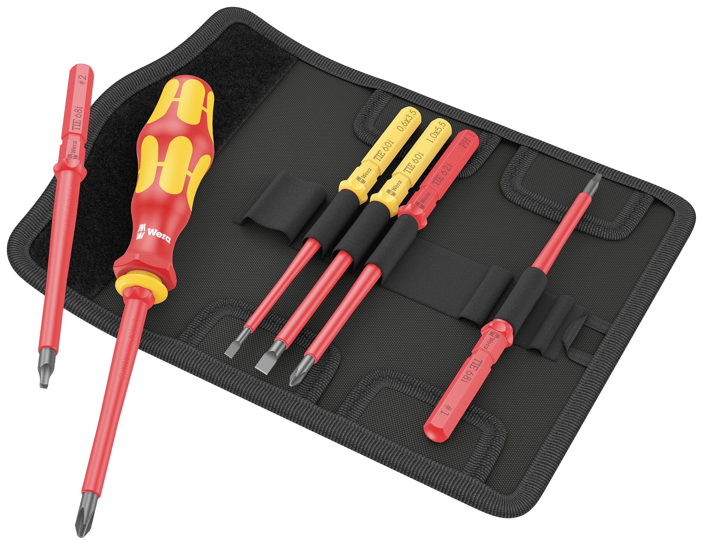 A set of seven isolated screwdrivers with a black case. Contains various sizes and shapes, suitable for electrical work.