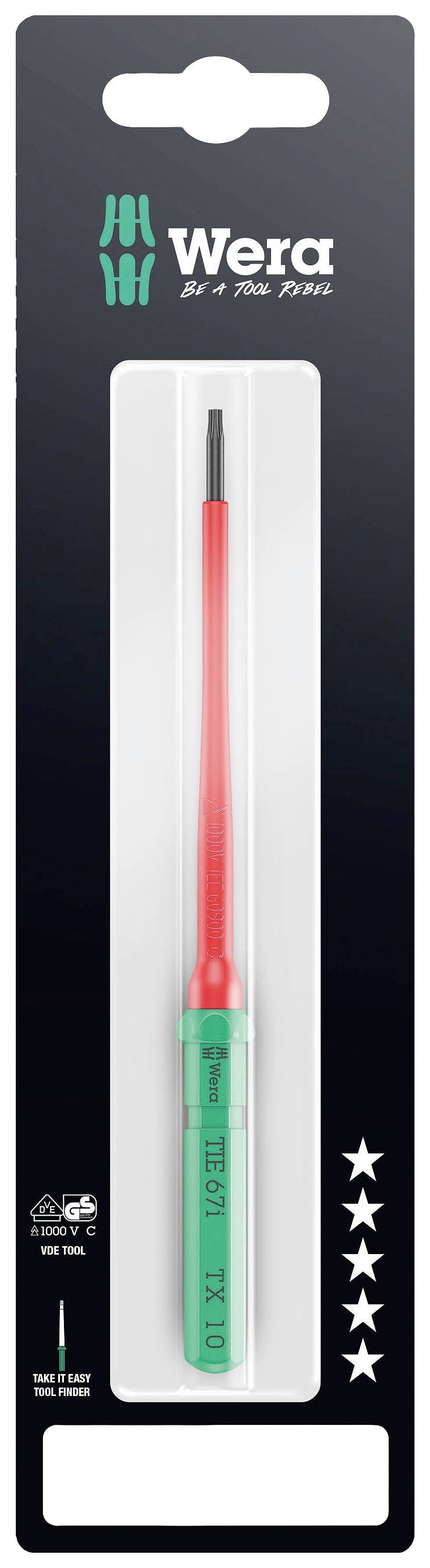 Packaging of a Wera screwdriver, type TX 10. The handle is green and red. The packaging features logos and stars.