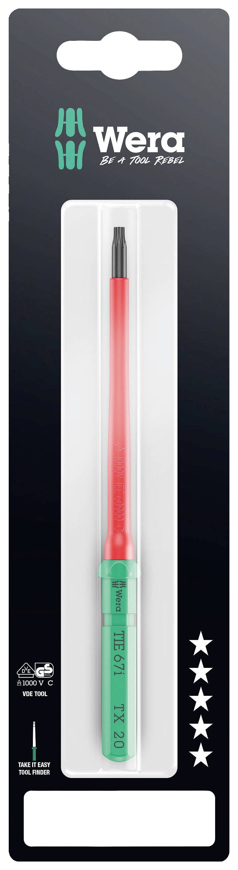 'Wera VDE Screwdriver TX 20', green and red handle, in black packaging. Suitable for electrically insulated applications.