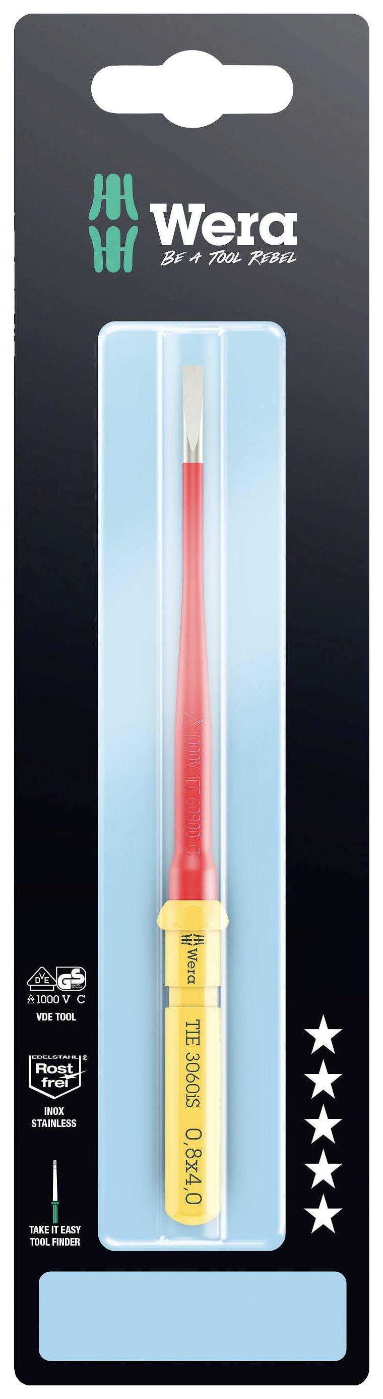 A slender isolated screwdriver by Wera in packaging with a blue background and white text.