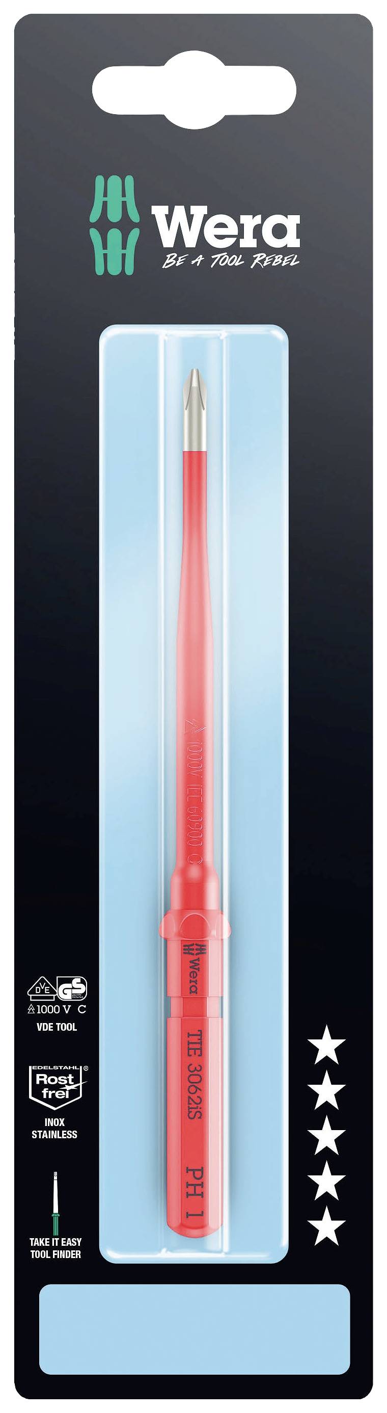 Packaging of an insulated Wera screwdriver with an ergonomic handle, suitable for work on electrical installations up to 1000V.
