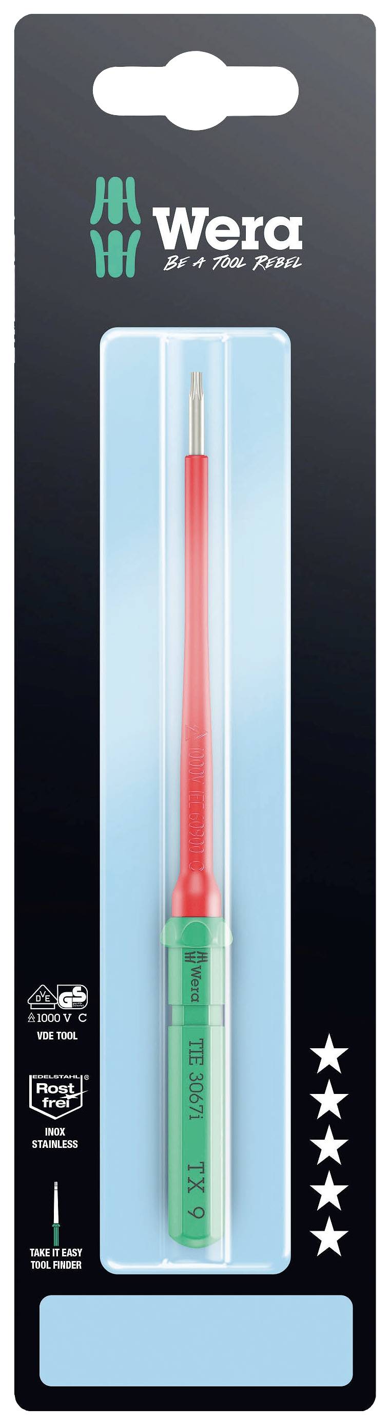 Packaging for a Wera screwdriver. The handle is red and green, with the tool visible in a blister pack.