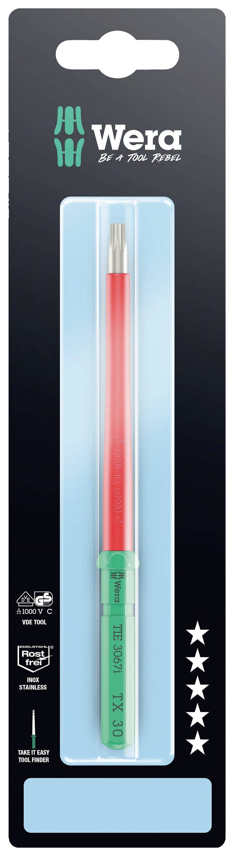 'Wera Screwdriver' in packaging, with red and green handles, five stars on a black background, symbol of high quality.
