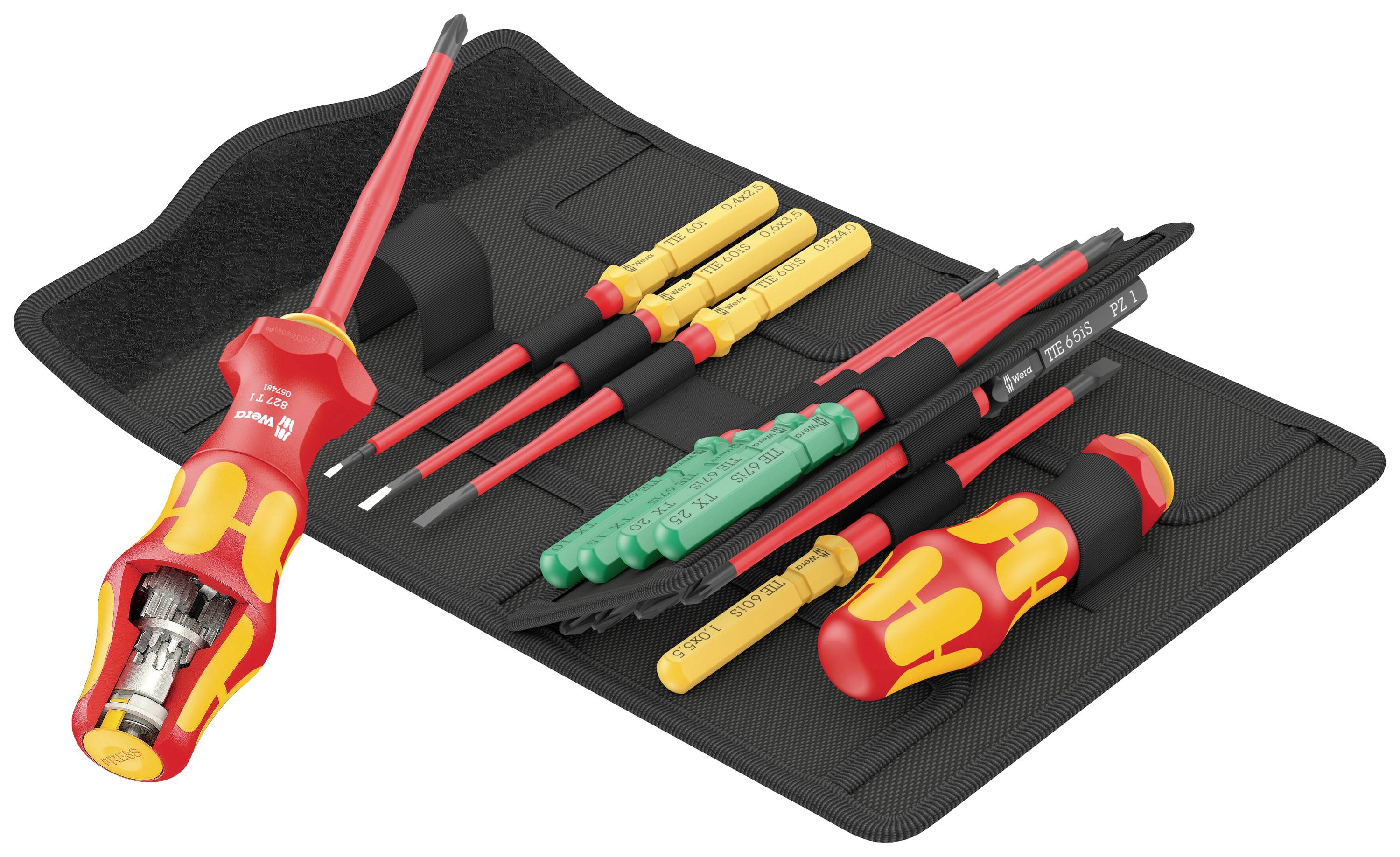 Tool set with insulated screwdrivers in various sizes on a black mat. Suitable for electrical work.
