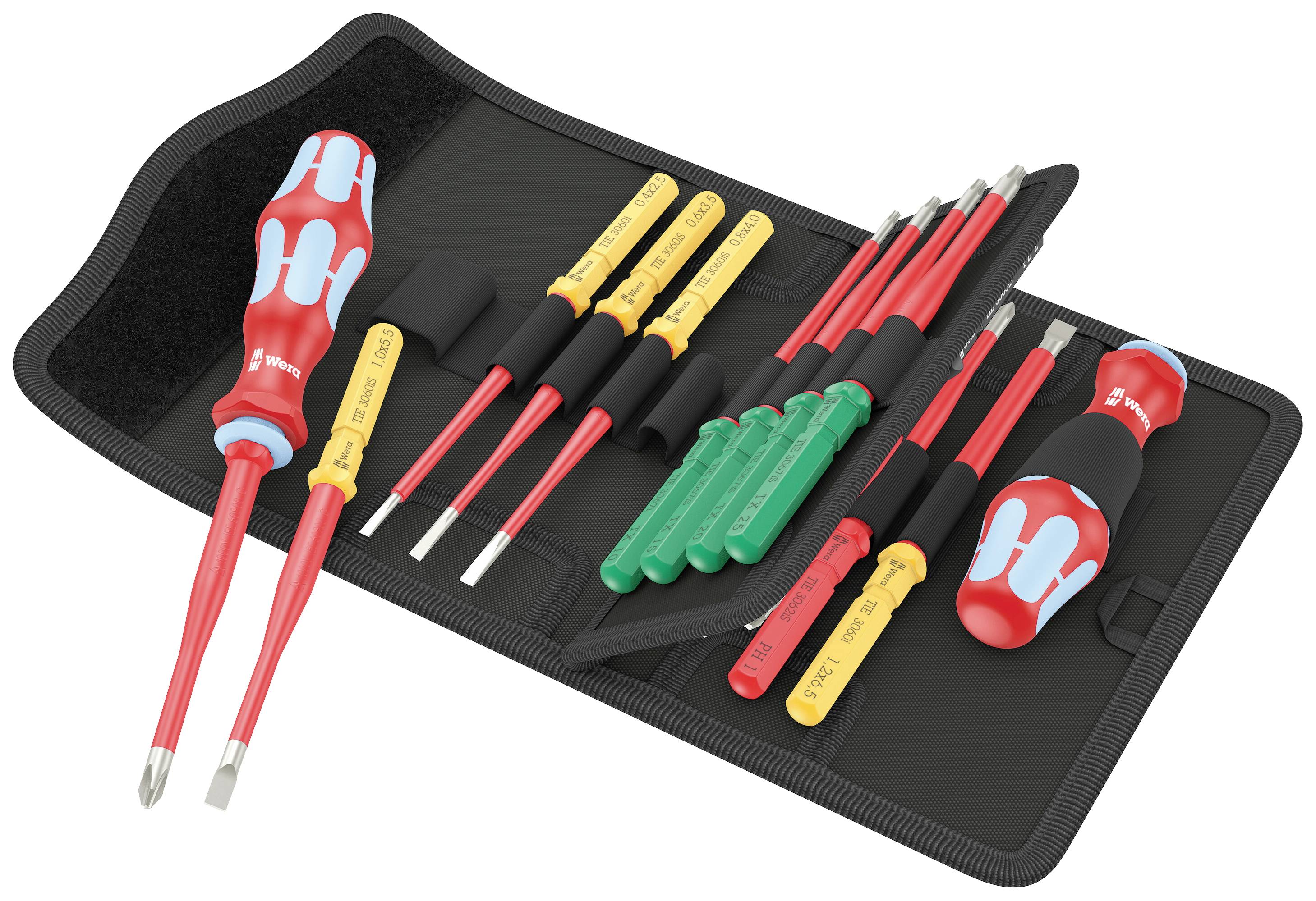 Tool set with various screwdrivers and pliers in an open black bag.