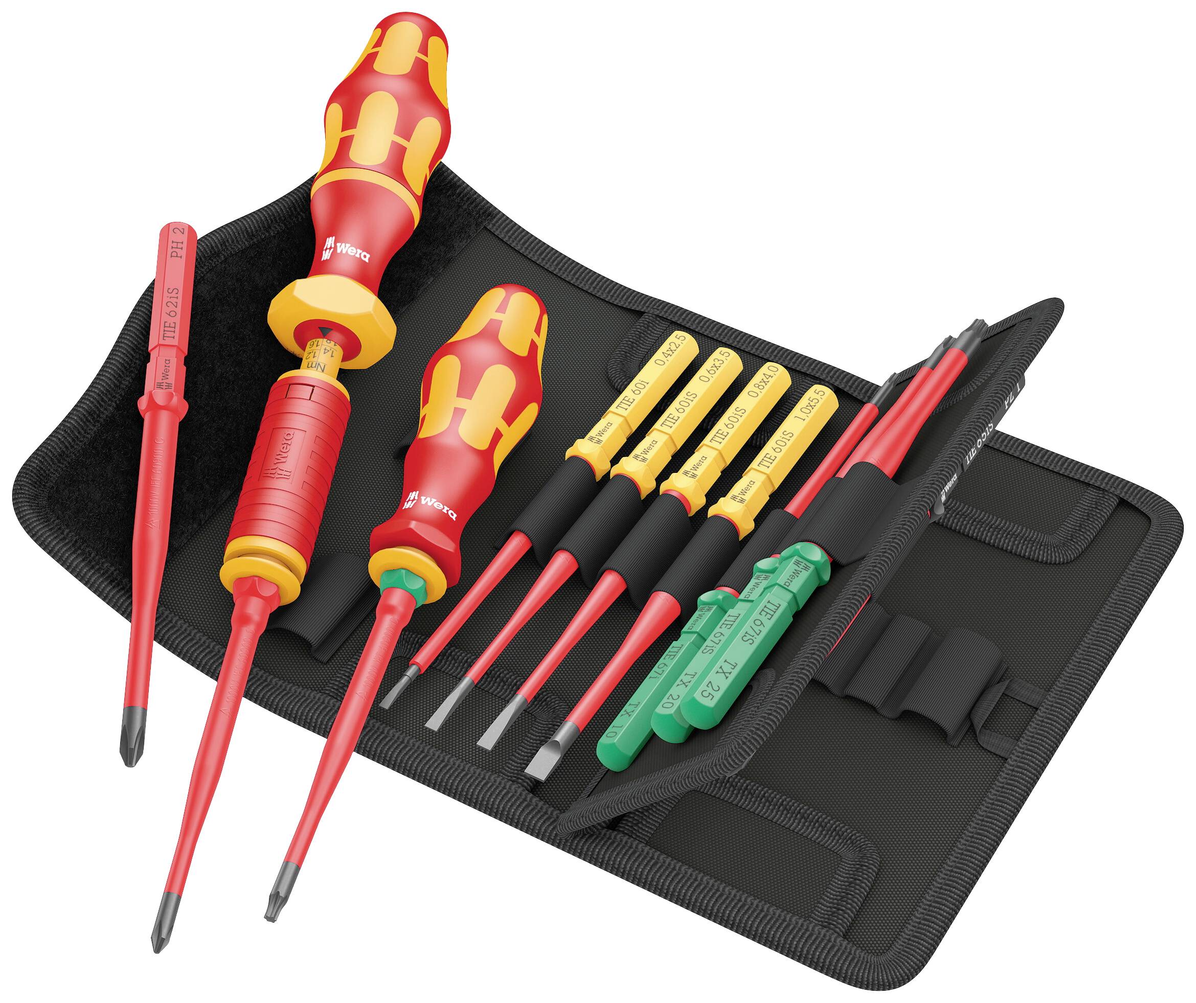 Wera Schraubendreher-Set mit roten und gelben Griffen, geöffnet in einer schwarzen Werkzeugtasche. Enthält verschiedene Größen und Typen.