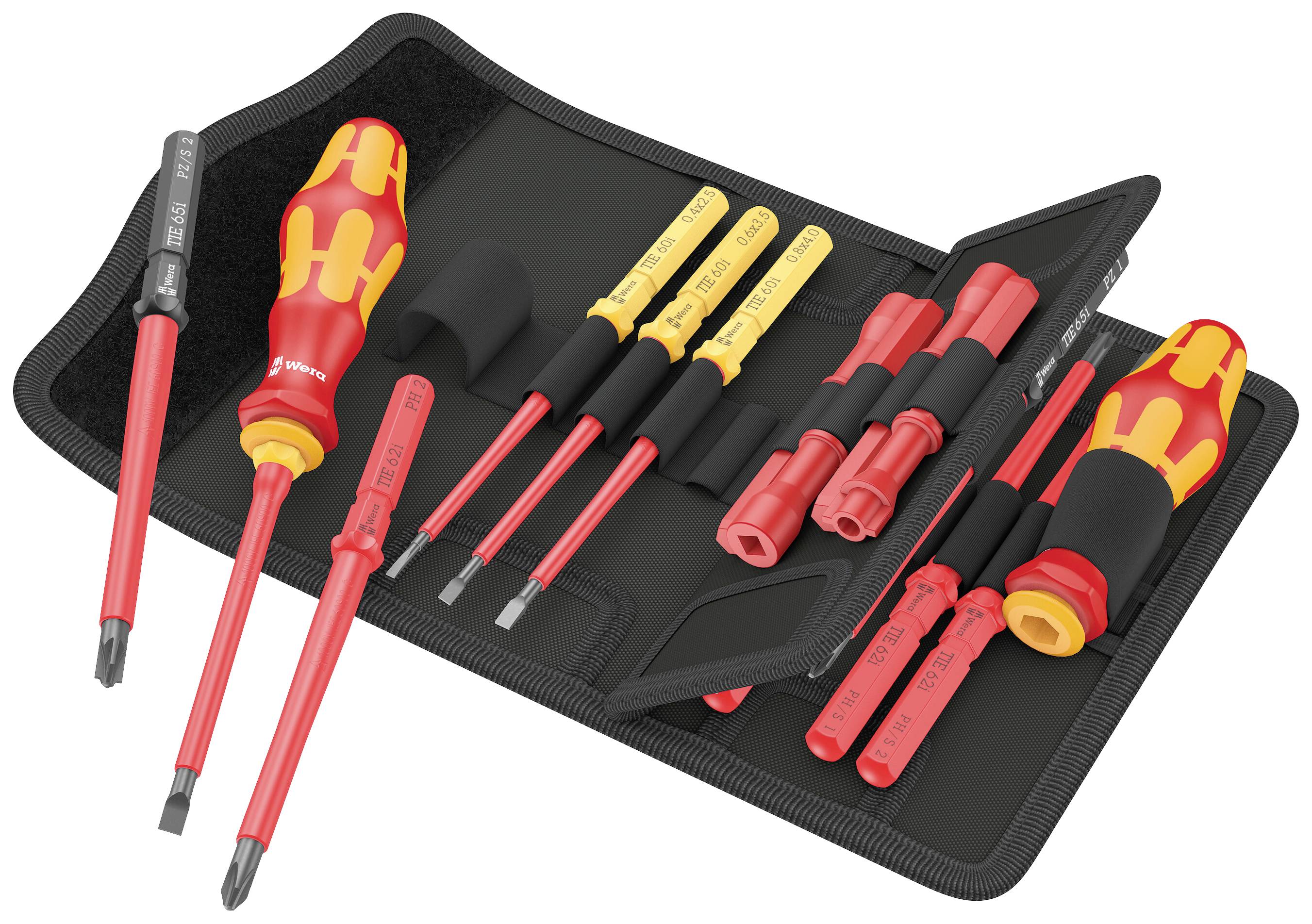 A set of insulated screwdrivers with red and yellow handles and various blades in a black case for electrical work.