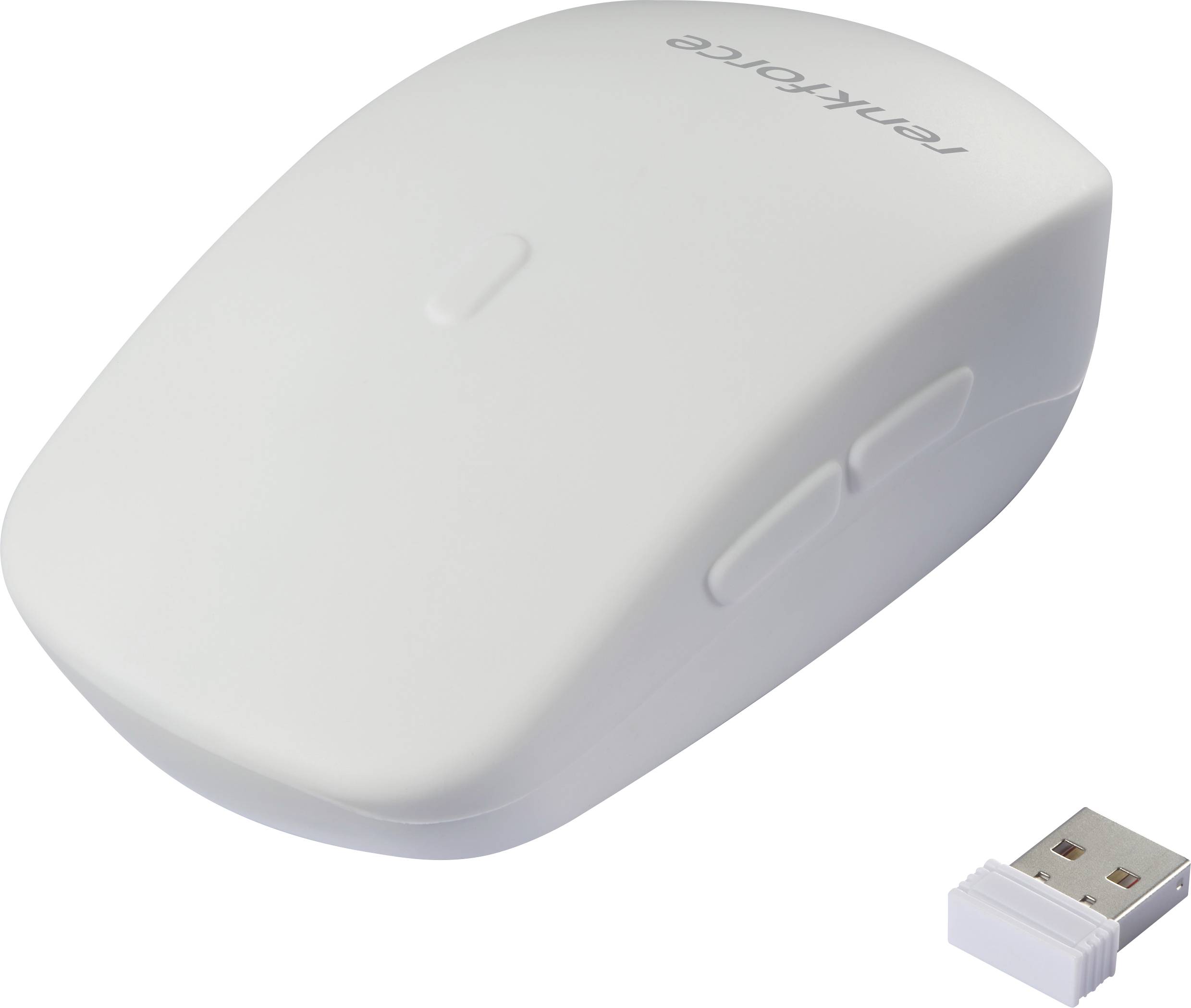 Wireless white computer mouse with two side buttons and a USB receiver.