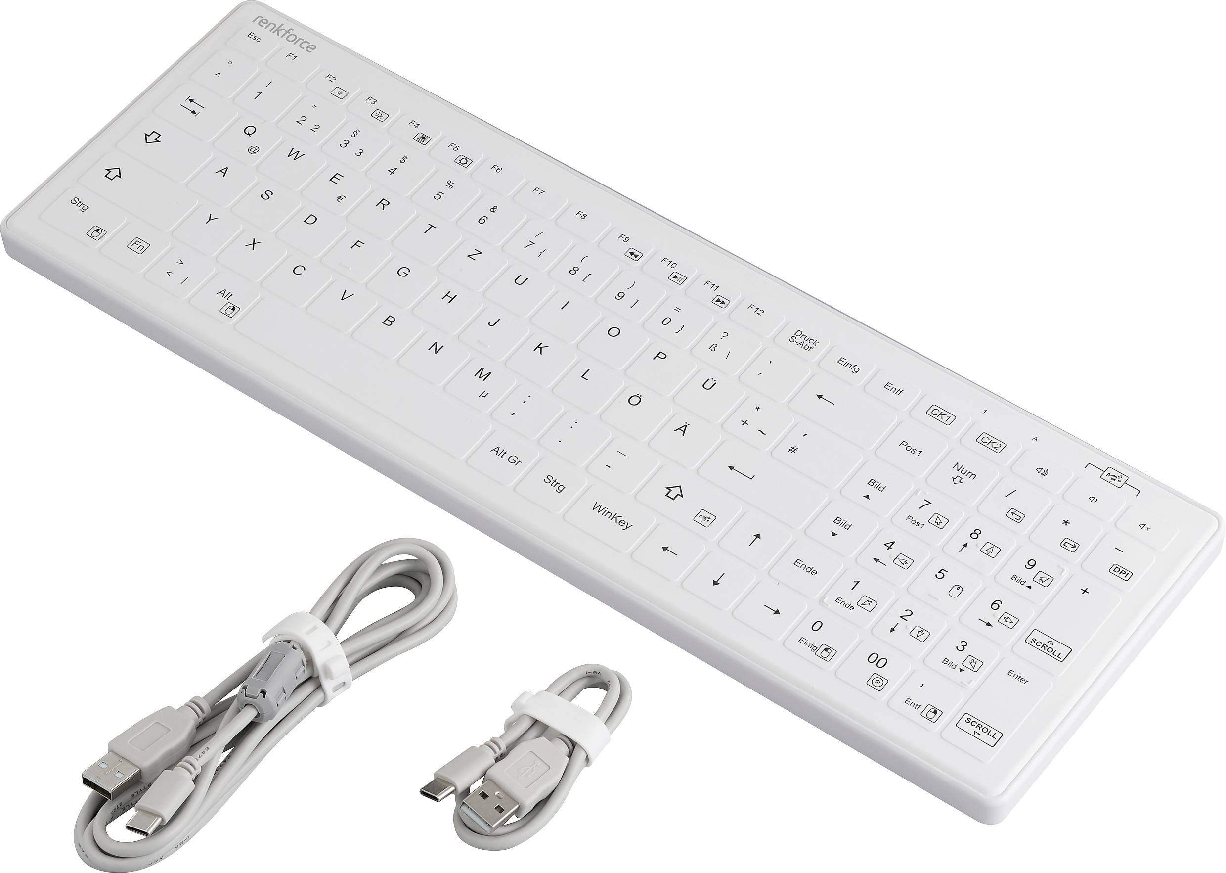 White silicone keyboard with Cyrillic characters, including a long and a short USB cable, on a white background.