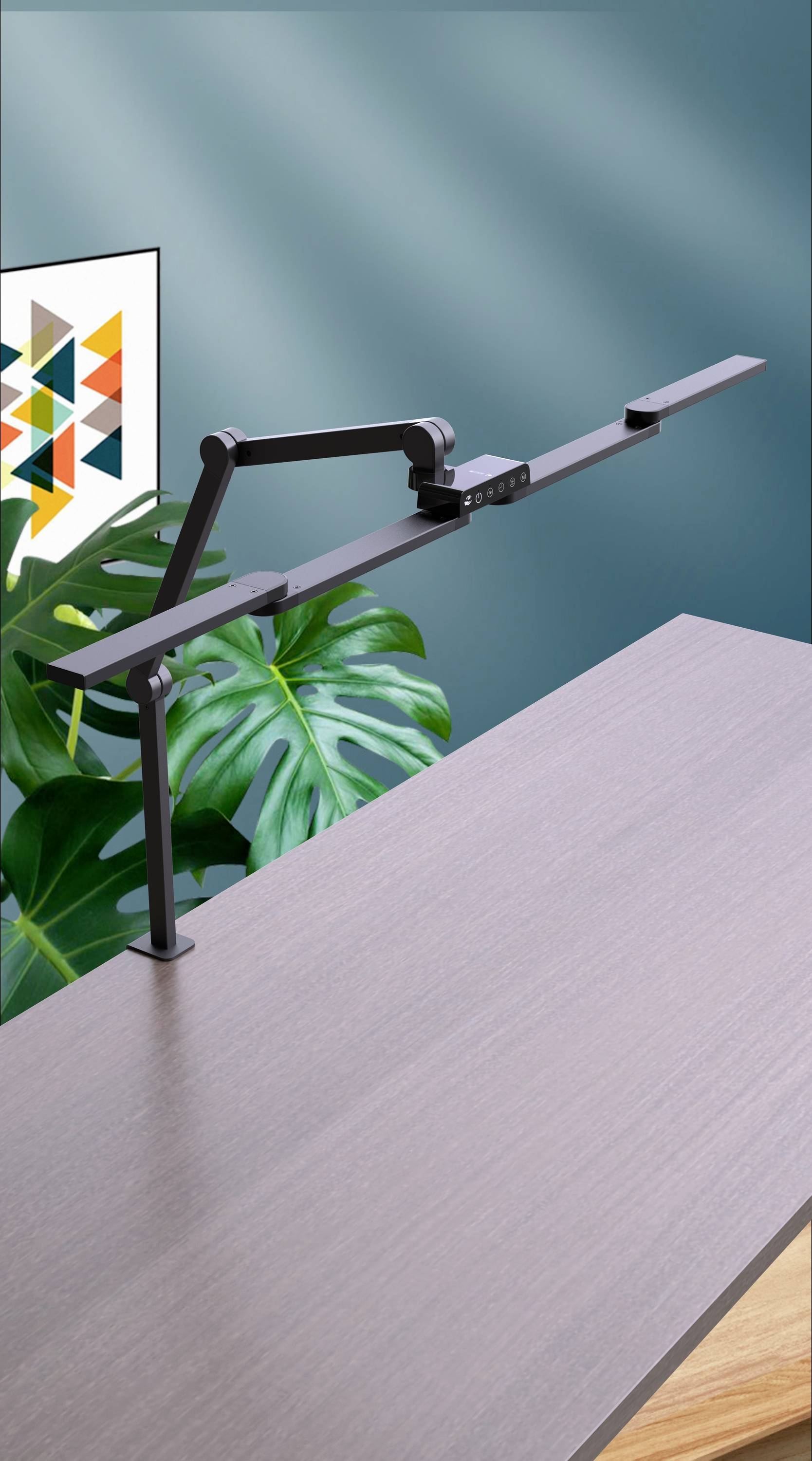 A modern, adjustable desk lamp with integrated lighting is attached to a wooden table. A plant is visible in the background.