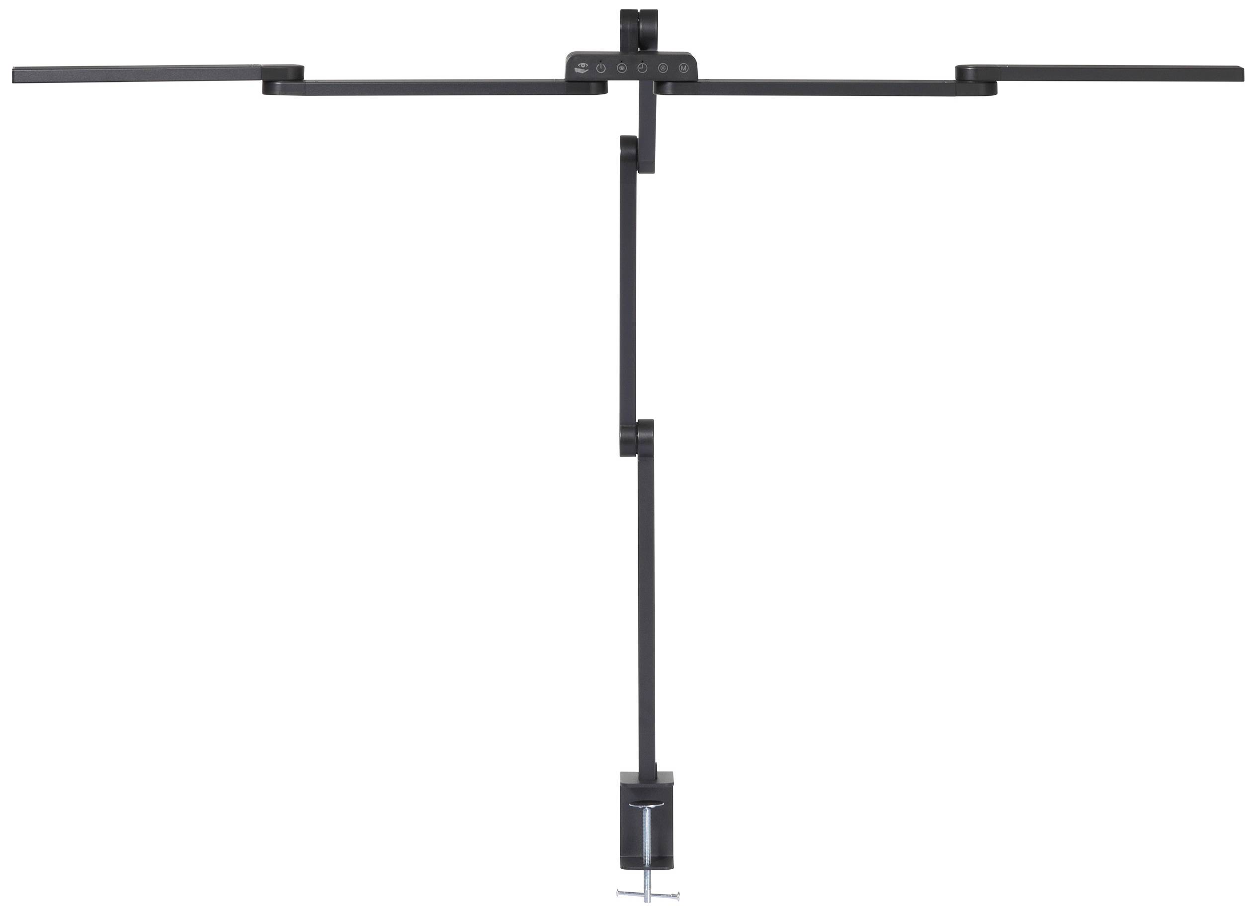 A black, adjustable monitor arm with two horizontal arms for mounting on desks. Ideal for various monitor sizes.