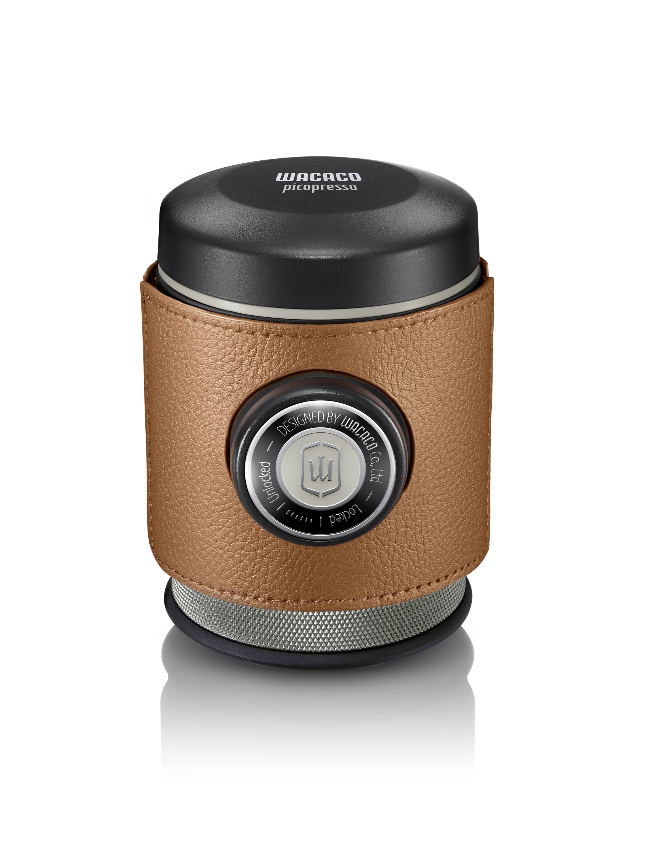 Pocket-sized espresso machine with a brown leather sleeve and black lid, perfect for coffee on the go.