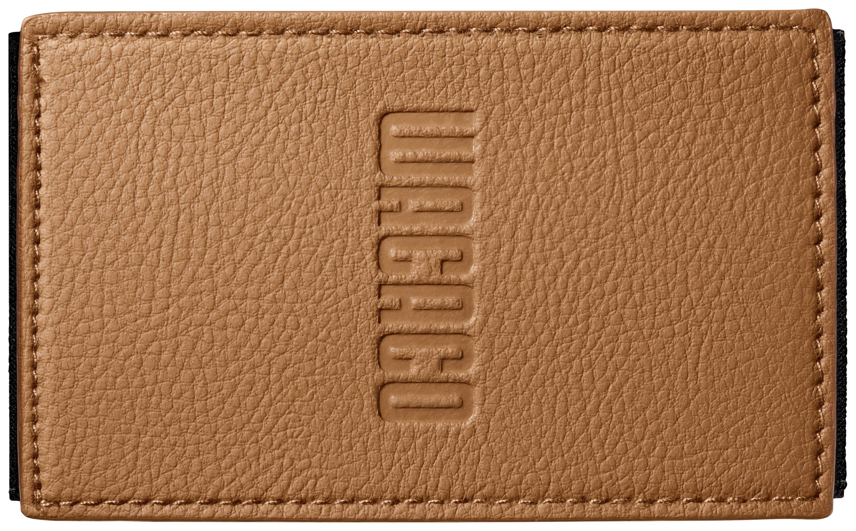 Brown wallet with embossed 'NUNOO' logo in the centre on textured leather.