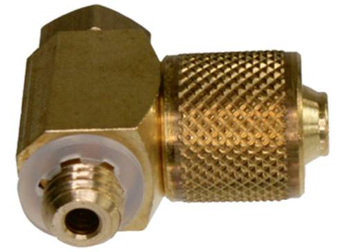A brass connecting piece with a thread on one side and a knurled rotary closure on the other side, for connecting pipes or hoses.