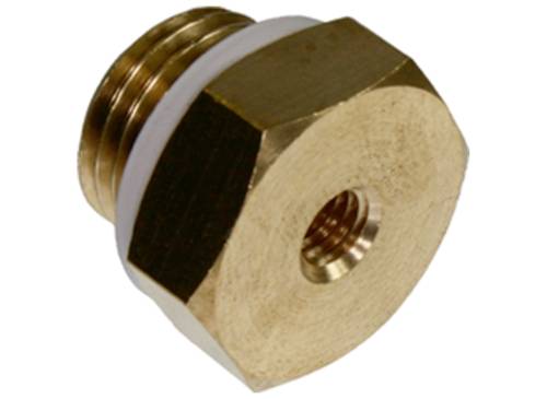 A brass hexagonal head plug with a white seal, commonly used in plumbing for sealing purposes.