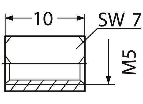 Technical drawing of a bolt with a diameter of 10 mm, across flats 7, thread size M5.
