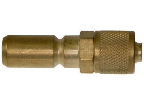 A brass quick-release coupling adapter with a knurled handle.