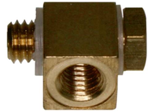 A square brass connector with two threaded holes, one on the side and one on top, for securing pipes or hoses.