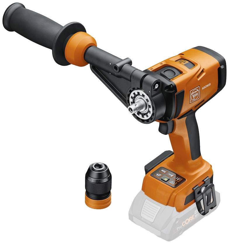 An orange, cordless hammer drill with an ergonomic handle and interchangeable chuck, suitable for heavy-duty construction work.