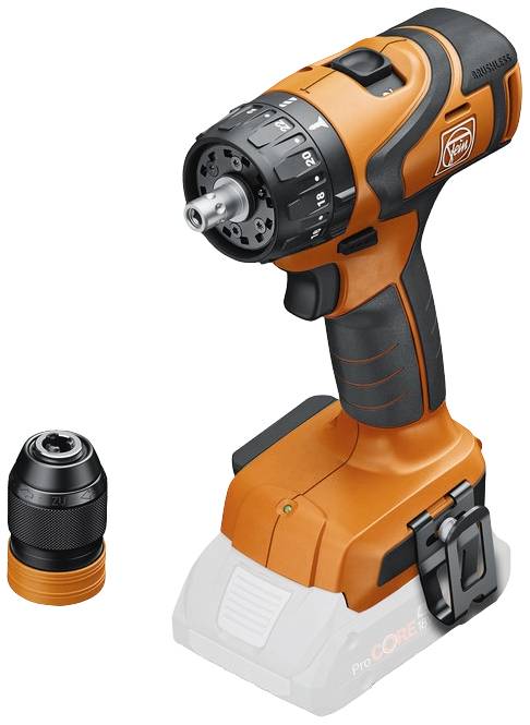 Cordless drill with orange casing and removable chuck. Suitable for versatile screwing and drilling tasks.