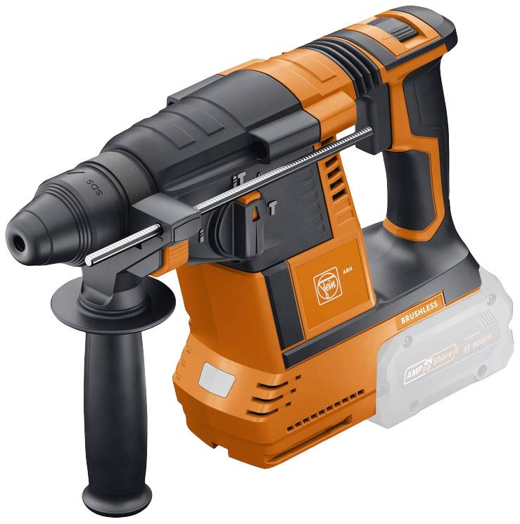 A cordless, orange hammer drill with a black handle and auxiliary grip. Suitable for construction work and industrial applications.
