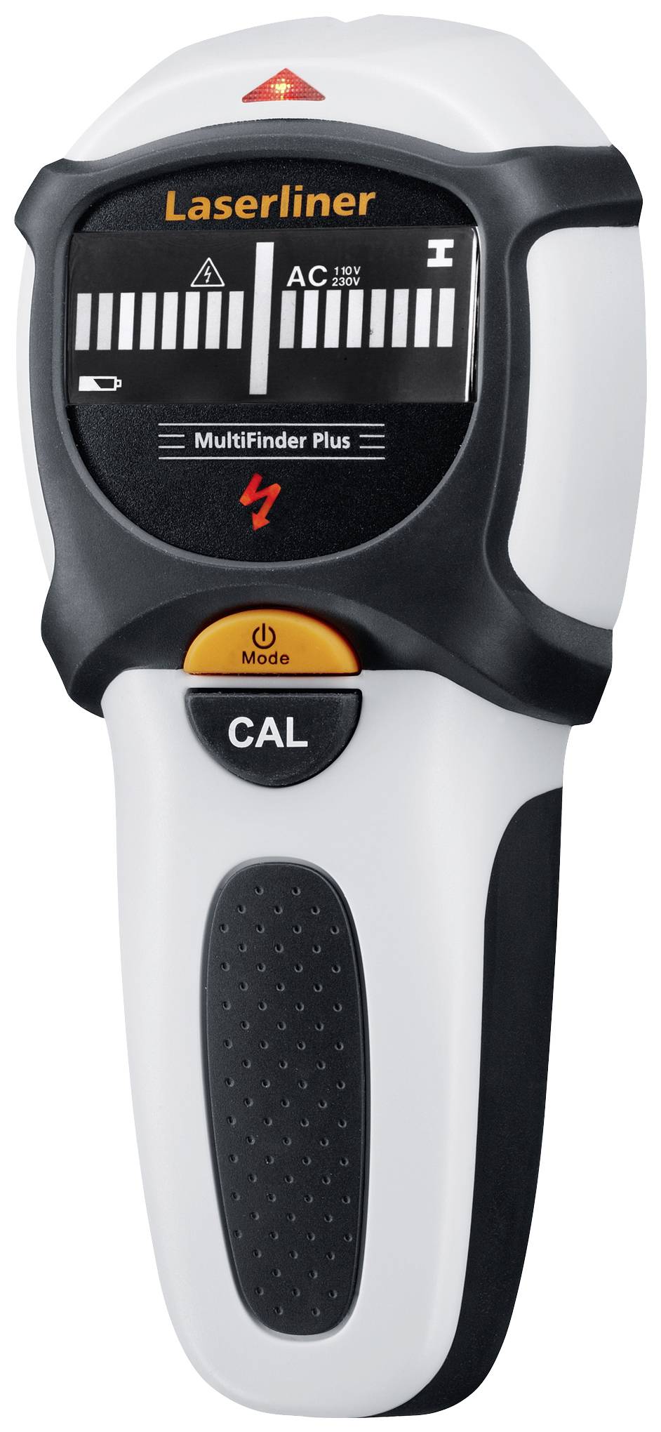 Electronic measuring device 'Laserliner' for locating cables or metals in walls, equipped with calibration and mode buttons.