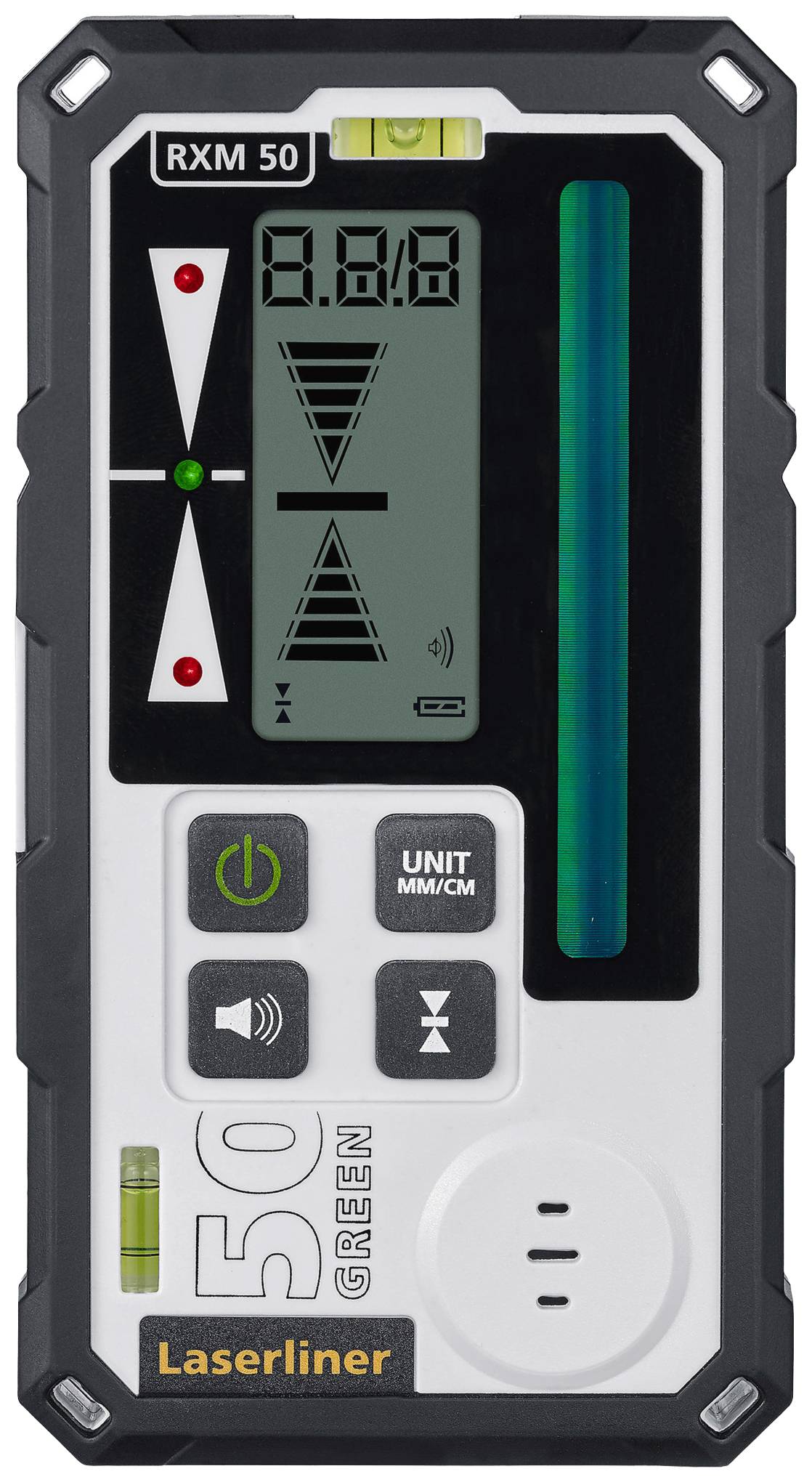 The image shows a laser distance measuring device with a display indicating a distance measurement. Buttons for unit conversion and additional functions are visible.