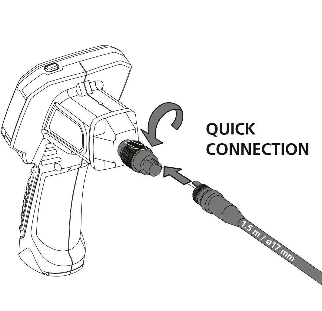 Illustration of a tool with a cable connected via a 'quick-connect' mechanism. The cable is 1.5 m/Ø17 mm.