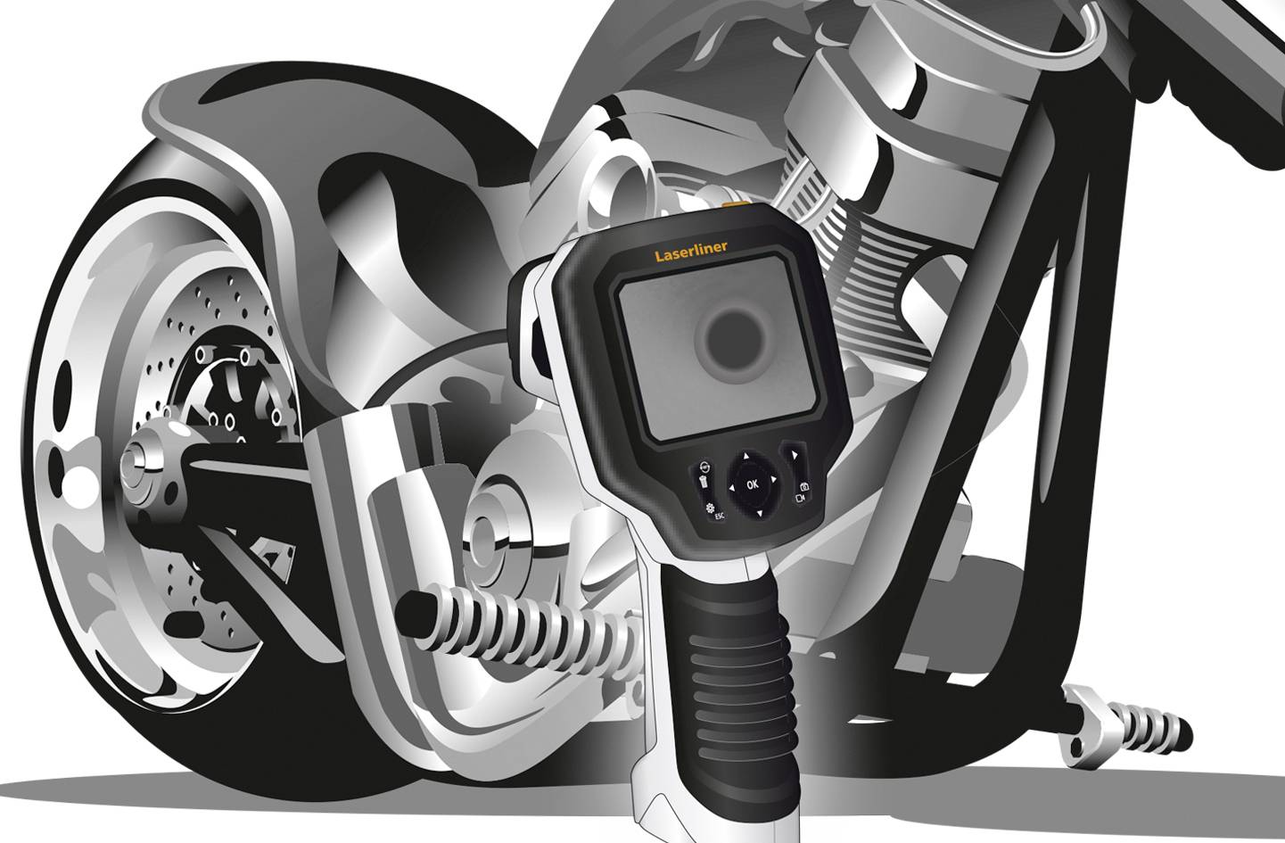 Motorcycle with an infrared temperature measuring device in the foreground, aimed at the engine area.