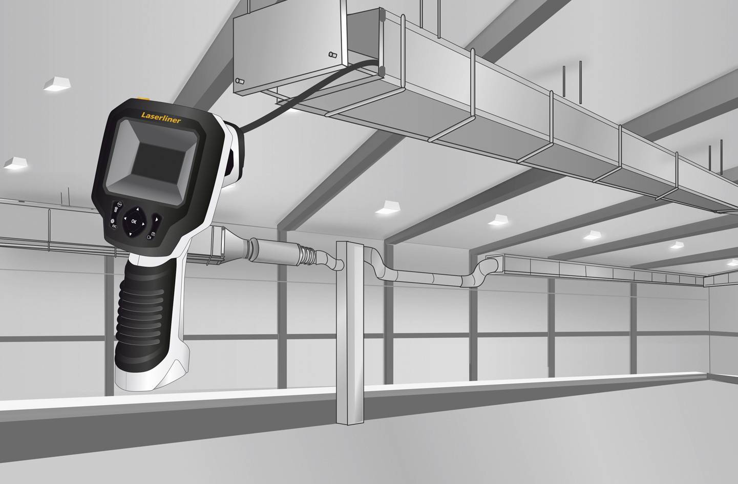 Handheld thermal camera inspects ventilation system in an industrial building. Thermal imaging for leak detection.