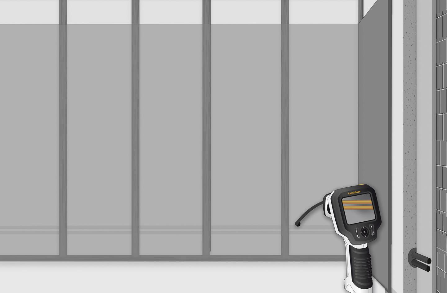 An inspection tool with a screen stands in front of a grey wall with multiple panels. The device is ready for use.
