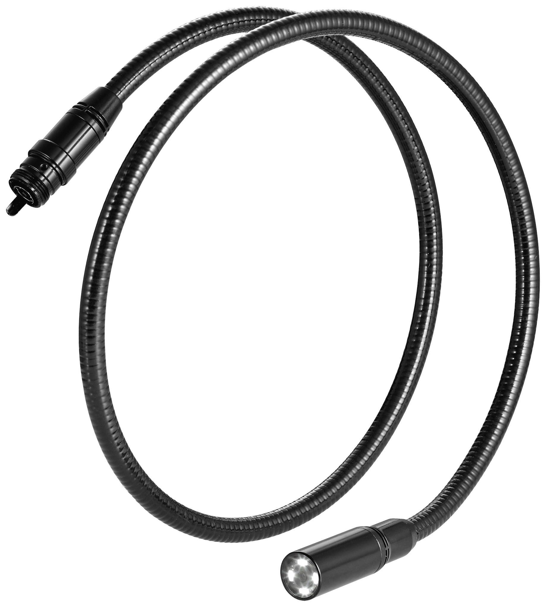 A flexible, black inspection endoscope with an illuminated tip for visual inspection of hard-to-reach areas.