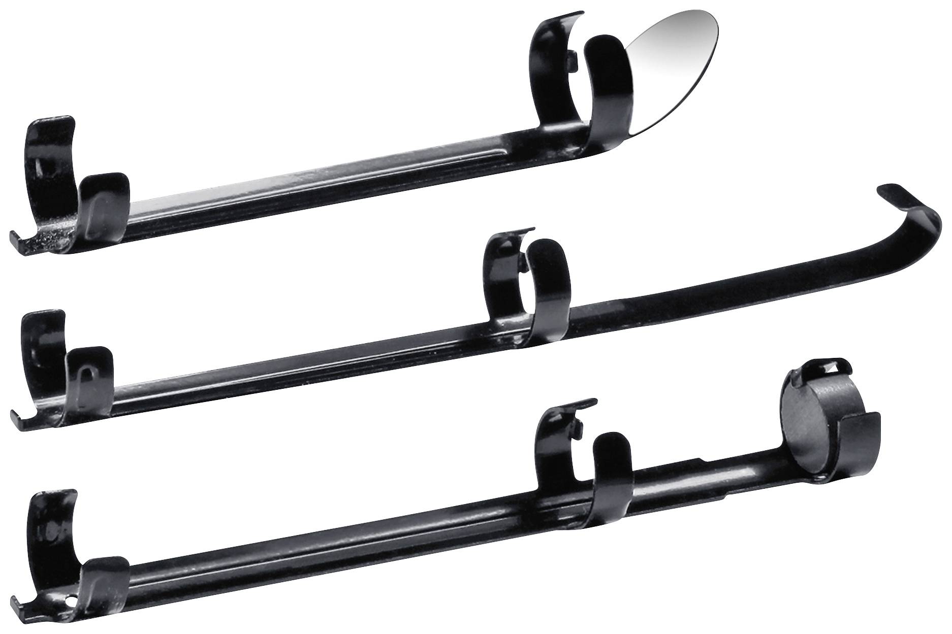 Three black metal lever tools used for removing automotive trim panels. Different ends for versatile use.