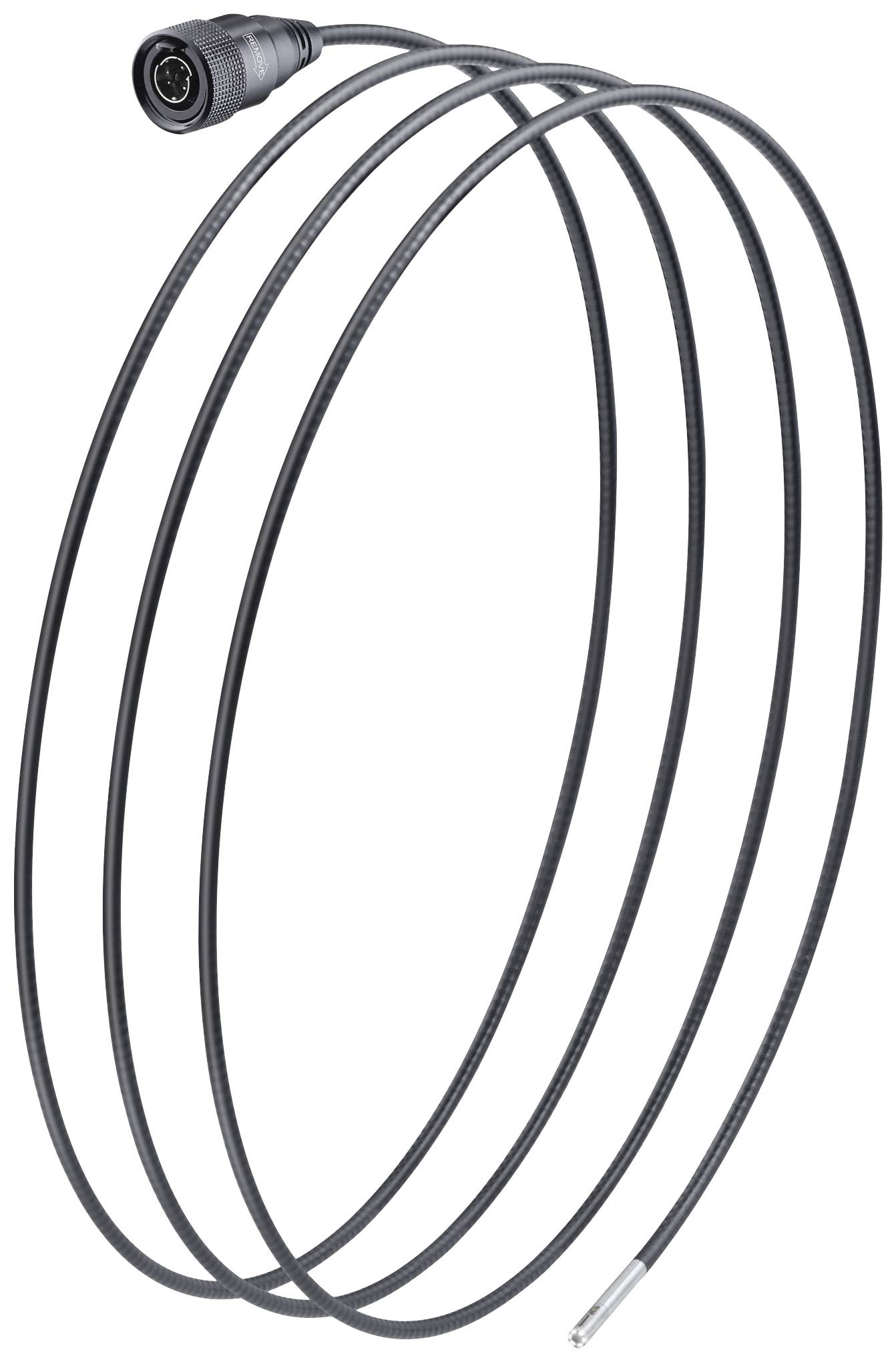Long, thin, black cable with a round plug at one end and a metal tip at the other end, typically used for technical applications.