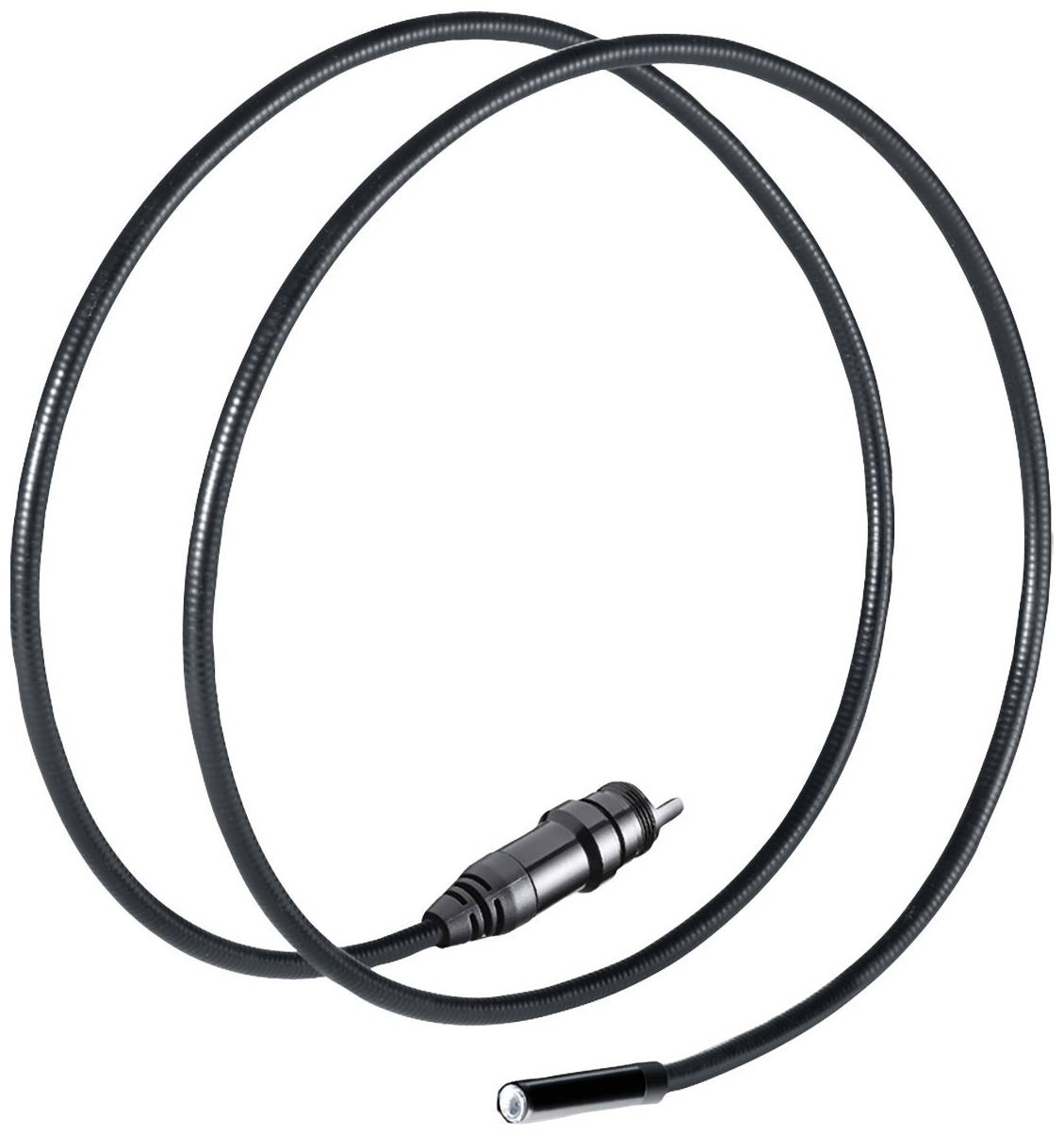 Black endoscope with flexible camera cable and camera at one end, suitable for examinations in hard-to-reach areas.