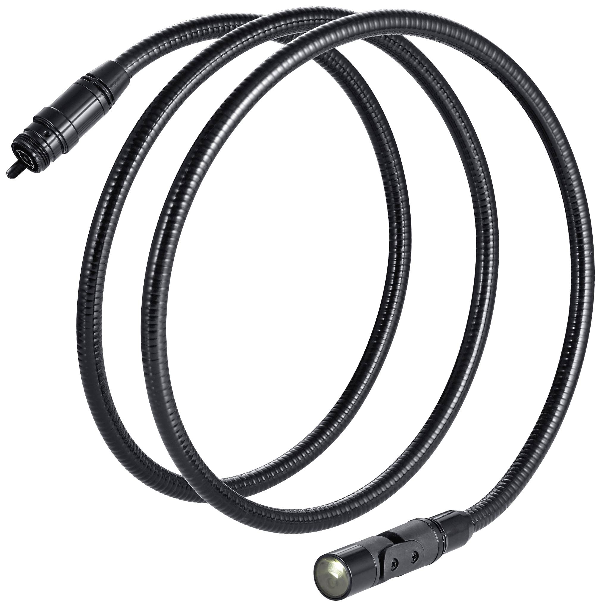 Flexible endoscope with black tube and camera. Used for visual inspection in hard-to-reach areas.