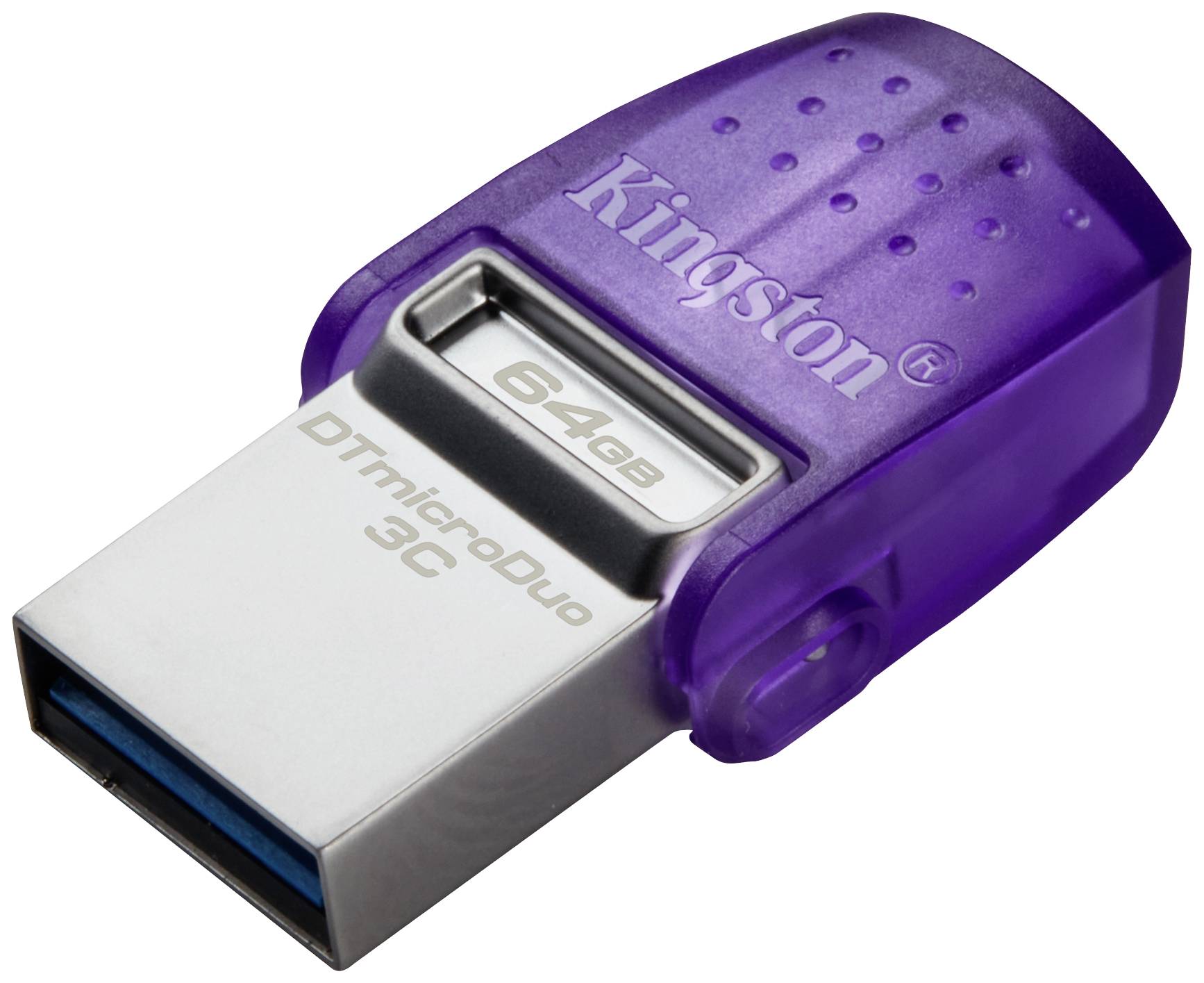 Lila USB stick with 'Kingston' inscription, silver connector, and '64 GB' storage capacity.