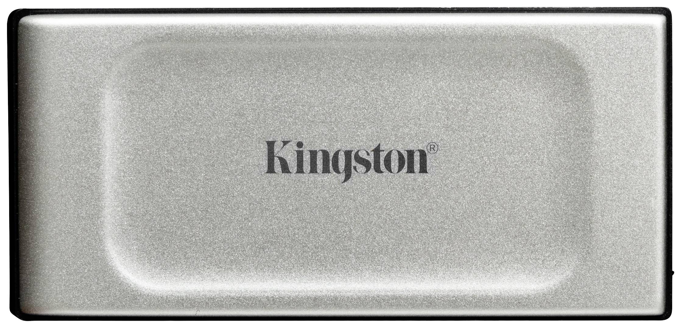 A silver USB stick with the printed brand logo 'Kingston'.